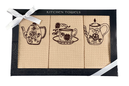 Kuchyňské bavlněné utěrky (3 set) - čajníky a hrnek